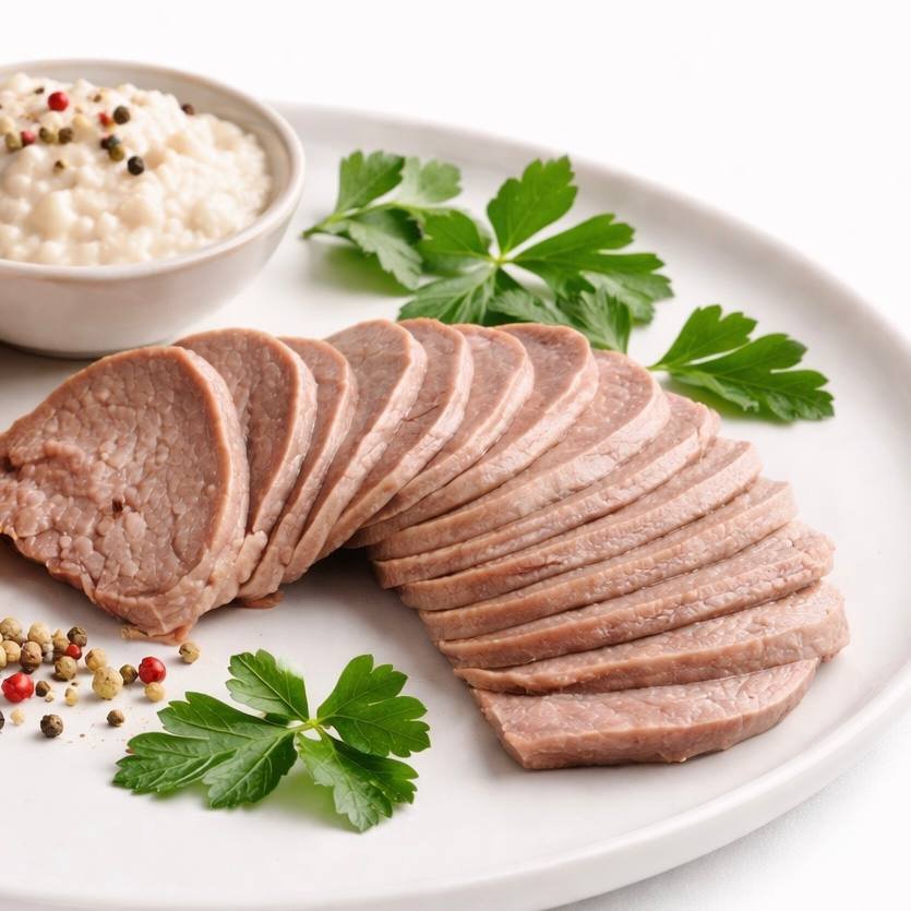 jautienos liežuvis su pikantišku krienų–česnakų padažu